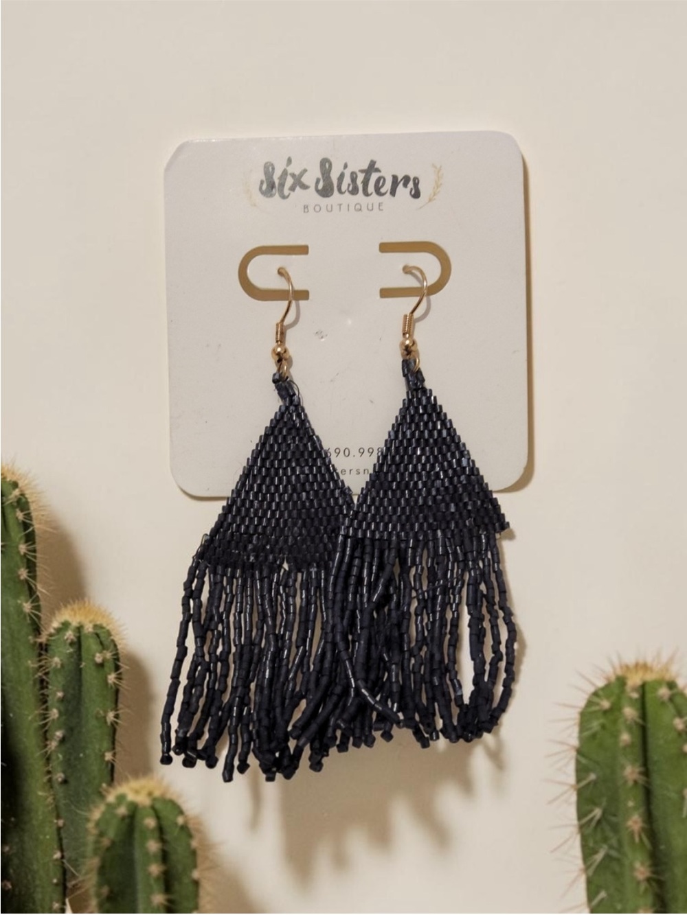 Six Sisters Navy Beaded Fringe Drop Earrings